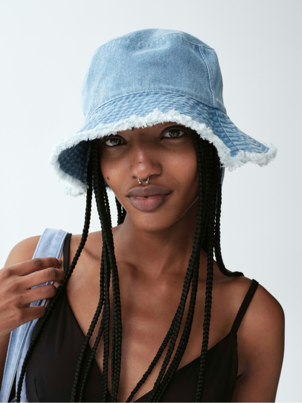 Light Blue Denim Frayed Bucket Hat Size M/L